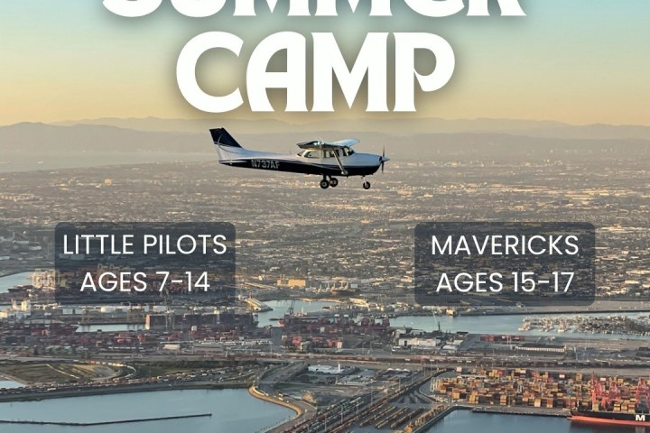 Summer camp poster with plane flying over a harbor, July 2026, ages 7-17.