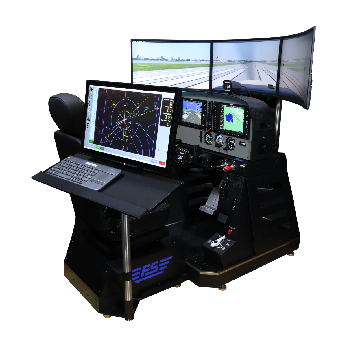 Flight simulator system with multiple screens, controls, and a chair.