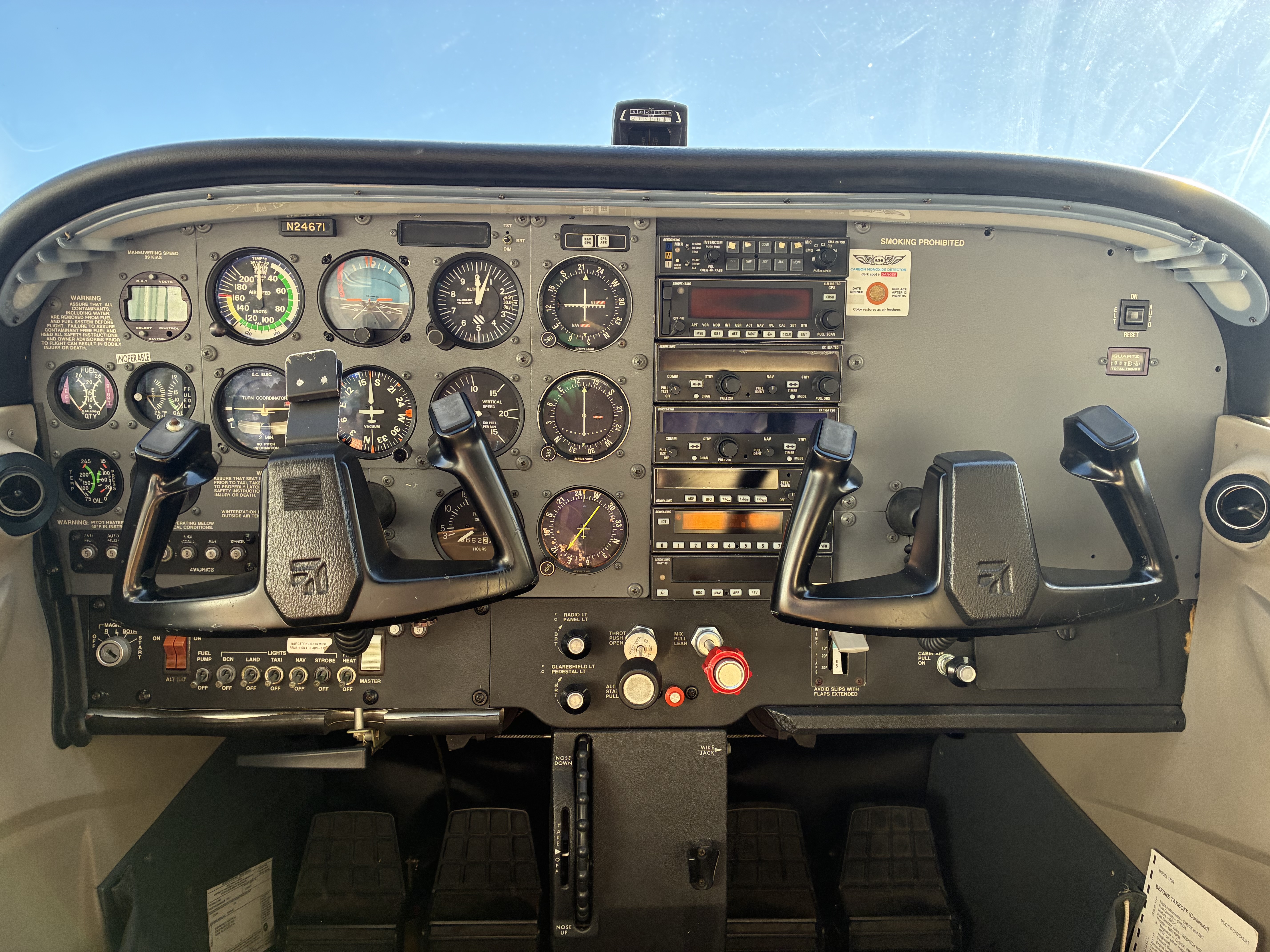 Cessna 172 cockpit with a classic analog six-pack instrument panel