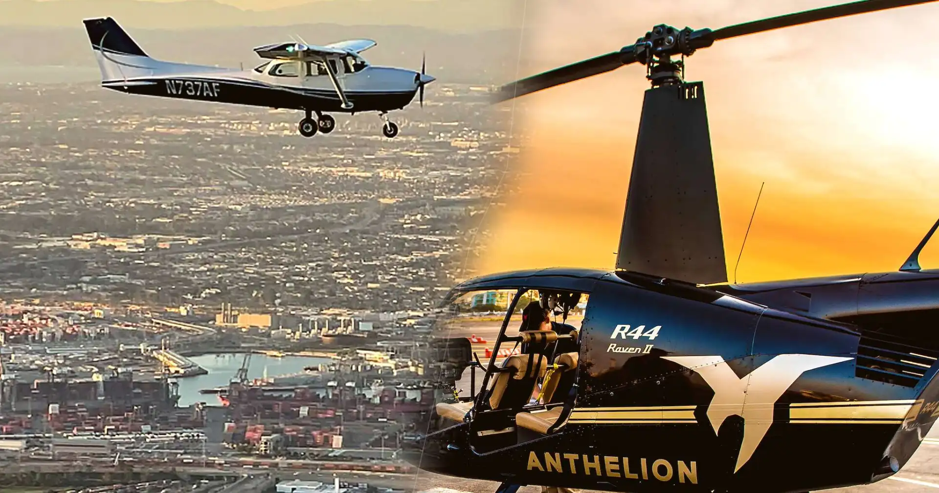 Small airplane and helicopter flying over a city at sunset.